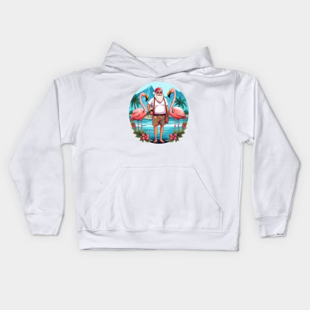 christmas in july santa at the lake with flamingos Kids Hoodie by Sara-Design2